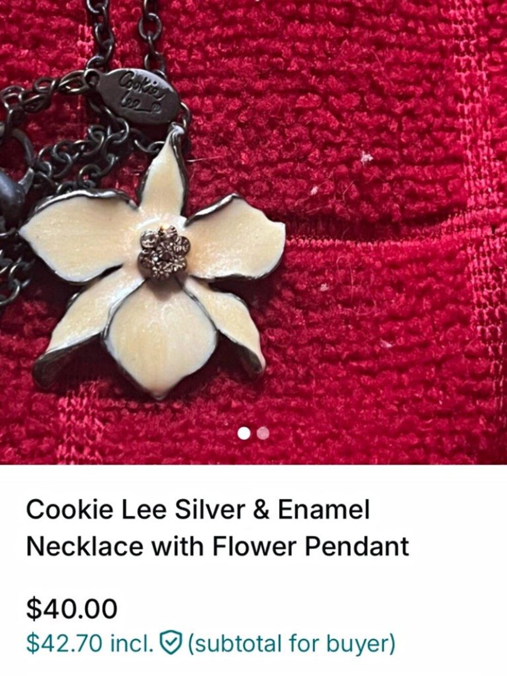 Cookie Lee Silver Tone Cable Chain Necklace White Enamel Flower Charm Pendant